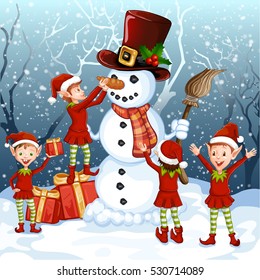 Merry Christmas Card. Illustration With Funny Snowman And Santa's Elves