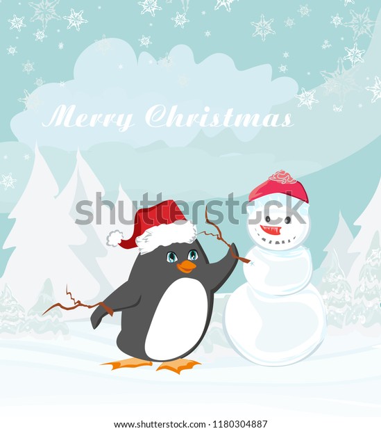 Merry Christmas Card Penguin Snowman Stock Illustration 1180304887 Cute Winter Penguin Wallpaper
