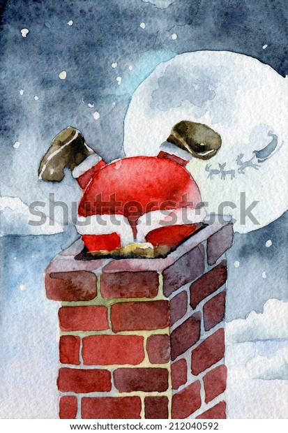 メリークリスマスカード サンタクロースは煙突に突っ込んだ 水彩イラスト のイラスト素材 Shutterstock
