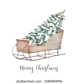 Merry Christmas card. Sled and Christmas tree illustration. Isolated watercolor object on white background