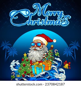 Merry Christmas Cartoon Santa Claus. Santa Claus on the beach. Christmas in July, summer, vacation, resort, warm climate theme for posters, greeting cards. Background for tropical Christmas.  - Powered by Shutterstock