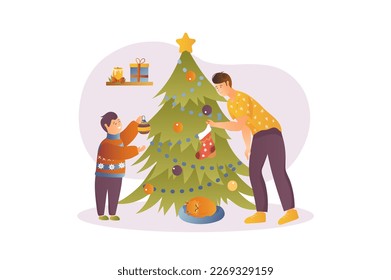 Merry Christmas concept with people scene in the flat cartoon design. Father and son prepare for the holiday and decorate the Christmas tree with toys. - Powered by Shutterstock