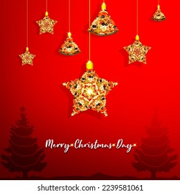 Merry Christmas Day. Happy new year 2023 concept for a restaurant or Pizza brand isolated on a red background. Pizza hanging. 3d rendering illustration. Red Background. Pizza slices are hanging. - Powered by Shutterstock