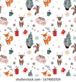 Merry Christmas, deer, fox, gift square texture digital art seamless pattern on white background. Print for wrapping paper, cards, banners, posters, web, fabrics, invitations. - Powered by Shutterstock