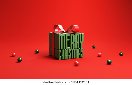 Merry Christmas In Gift Box Wrapped With Green Ribbon On Red Background, Idea And Creative, Copy Space. 3d Render.