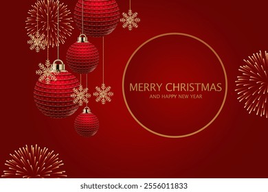 merry christmas greeting card, christmas holiday with red baubles sparkles and snowflakes on red christmas backgrund. - Powered by Shutterstock