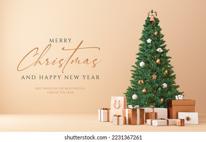 Merry Christmas greeting card template with gold and white gifts under the tree on cream background. Xmas and happy new year flyer design in 3D rendering - Powered by Shutterstock