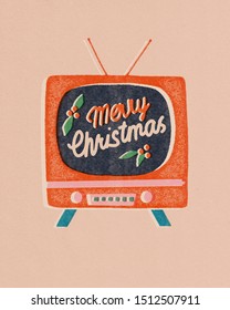 Merry Christmas greeting card with vintage tv. Winter Holliday poster.