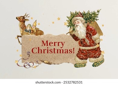 Merry Christmas greeting tag, paper craft remix. Festive Santa Claus with ripped paper label. Vintage Christmas with paper label. Vintage Santa Claus Christmas with Merry Christmas collage element. - Powered by Shutterstock