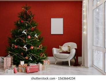 Merry Christmas And Happy New Year, Christmas Living Room With A Christmas Tree With Armchair. 3D Illustration