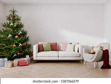 Merry Christmas And Happy New Year, Christmas Living Room With A Christmas Tree With Armchair. 3D Illustration