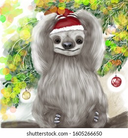 Merry Christmas and Happy New Year card with a sloth and a christmas tree  - Powered by Shutterstock