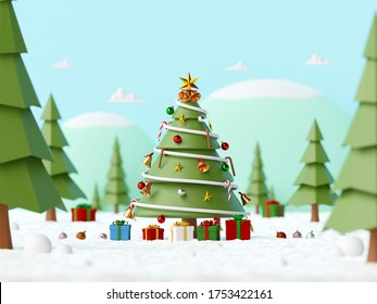 Merry Christmas and Happy New Year, Landscape of Decorated Christmas Tree with gifts on a snowy ground in the forest, 3d rendering