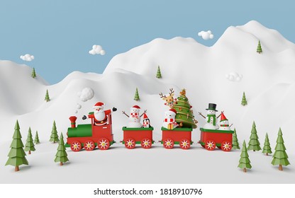 Merry Christmas and Happy New Year, Scene of Christmas train with Santa Claus and friend at the snow mountain, 3d rendering