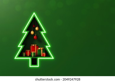 Merry Christmas And Happy New Year Concept. Background Shelf Christmas Tree Shape With Gift Box And Decorate Element On Luxury Green Background. 3d Rendering