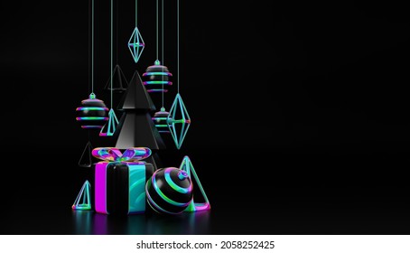 Merry Christmas   happy new year holographic element 3d rendering concept  Christmas elegance iridescent   holographic trendy design Xmas pine fir tree for greeting card  banner placard poster