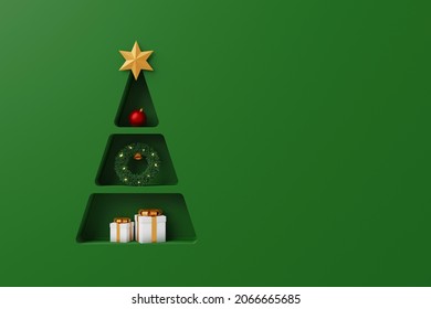 Merry Christmas And Happy New Year Concept. Background Shelf Christmas Tree Shape With Gift Box And Decorate Element On Luxury Green Background. 3d Rendering