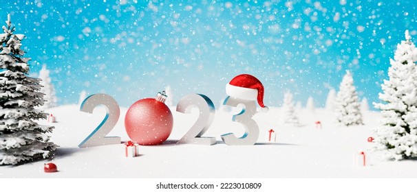 Merry Christmas and Happy New Year 2023 background. Happy Holidays greeting card 3d render 3d illustration - Powered by Shutterstock