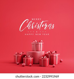 Merry christmas and Happy New Year, Red gifts boxes on red background, Holiday banner, greeting card, web poster, xmas concept, 3d render illustration. - Powered by Shutterstock