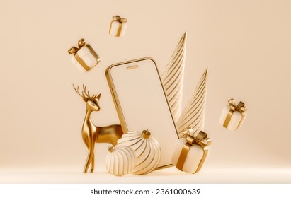 Merry Christmas and Happy New Year. 3D abstract mock up background with phone, Christmas decorations, gift boxes, gold deers. Product showcase mockup. 3d render - Powered by Shutterstock