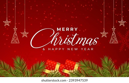 Merry Christmas and Happy New Year 2024 background. Christmas posters, cards. Christmas border with fir branches and decoration ornaments elements on red background. - Powered by Shutterstock