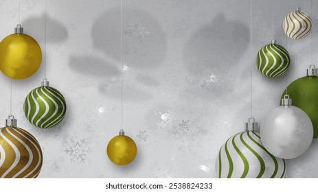 Merry Christmas and Happy New Year greeting card design template with realistic elegant Christmas hanging glitter, shiny, glossy yellow, green, gold and silver bauble ball on luxury background with sn - Powered by Shutterstock