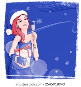 Merry Christmas, Happy New Year - fashion card with Santa Claus girl, gifts, glass of champagne and snowflakes. Winter holiday minimalist sketch illustration. Blue  background - Powered by Shutterstock