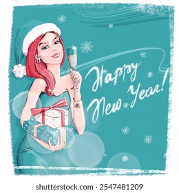 Merry Christmas, Happy New Year - fashion card with Santa Claus girl, gifts, glass of champagne and snowflakes. Winter holiday minimalist sketch illustration. Turquoise background - Powered by Shutterstock