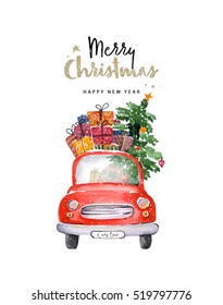 Merry Christmas and Happy New Year illustration. Watercolor christmas car illustration
