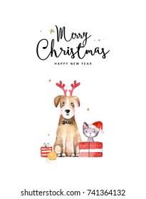 Merry Christmas and Happy New Year card. Watercolor illustration of dog and cat. 