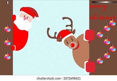 merry christmas hello everyone uncle santa claus with red dress carrying a big gift bag, accompanying reindeer elder, in winter christmas december illustration - Powered by Shutterstock