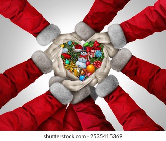 Merry Christmas Holiday Love and community unity as a group of Santa Clause hands and arms joining together in the spirit of the season for giving for the New Year with 3D illustration elements. - Powered by Shutterstock