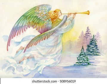 Merry Christmas And New Year Greeting Card With Beautiful Angel With Wings, Watercolor Illustration