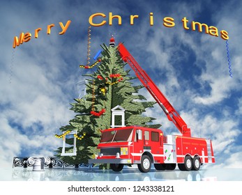 Merry Christmas And New Year, The Christmas Tree With The Elevating Crane, Fire Truck With Gifts. Illustration.