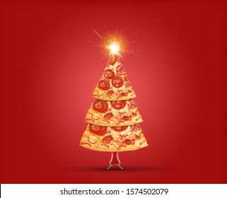 Merry Christmas - Christmas Offer Pizza Slice In Shape Of Christmas Tree Isolated On Red Background. Creative Concept For Pizza  Restaurant Brand