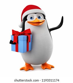 Merry Christmas Penguin With A Gift On A White Background. 3d Render Illustration.