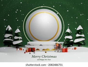 Merry Christmas Podium Banner Template With 3d Christmas And Happy New Year Ornaments Premium Psd