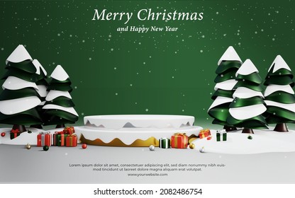 Merry christmas podium banner template with 3d christmas and happy new year ornaments Premium Psd