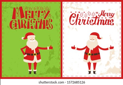 Merry Christmas Santa Claus Celebrate Xmas Time. Bearded Man Send Warm Wishes On New Year Eve, Raster Senior Person In Red Costume And Gesture Signs