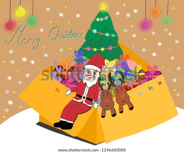 Merry Christmas! Santa claus and reindeers\
is coming to send gifts and give happiness to everybody. Snow,\
star, Christmas tree, gifts, lamp in\
scene.