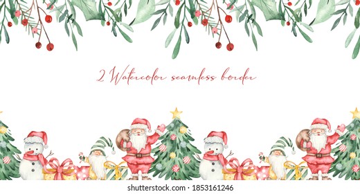 Merry Christmas With Santa Claus, Christmas Tree, Foliage Watercolor Seamless Border 