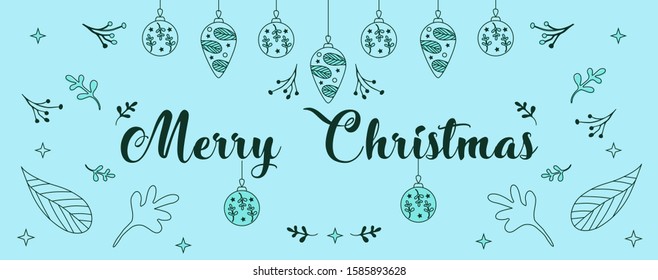 Merry Christmas template for facebook cover, web page, banner, postcard or invitation on the theme of nature with leaves, tree branches. Vector vintage cartoon illustration.