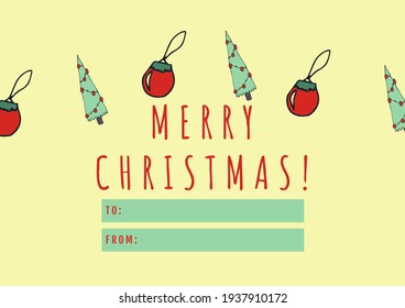 Merry Christmas Text Against Multiple Christmas Trees And Baubles On Yellow Background. Christmas Template Design Concept