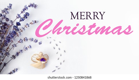 Merry Christmas Text With Angel And Lavender, Vintage Composition On A Rustic White Canvas, Facebook Cover,  Background For A Holidays Card, Top View.