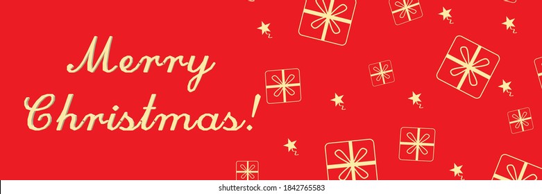 Merry Christmas Text On Red Background, Gifts Boxes, View From Above. Long Red Background