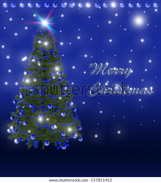 Merry Christmas Tree Ornaments Blue Background Stock Illustration