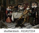 Merry Company, by Isack Elyas, 1629, Dutch painting, oil on panel. Interior with partying, drinking and music making company around a set table allude to the Five Senses. The woman with the lapdog re