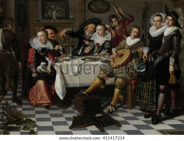 Merry Company, by Isack Elyas, 1629, Dutch painting,\
oil on panel. Interior with partying, drinking and music making\
company around a set table allude to the Five Senses. The woman\
with the lapdog re
