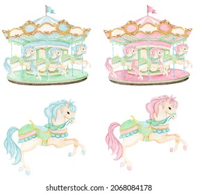 Merry Go Round Carousel Watercolor Hand Painted 