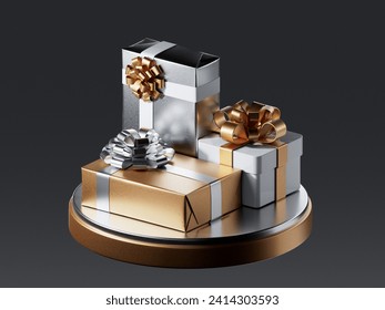 Merry New Year and Merry Christmas 2025 white gift boxes with golden bows and gold sequins confetti. Gold metal texture. 3D Illustration - Powered by Shutterstock